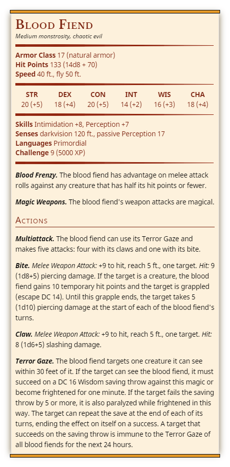 Blood fiend stat block. Full text available below.