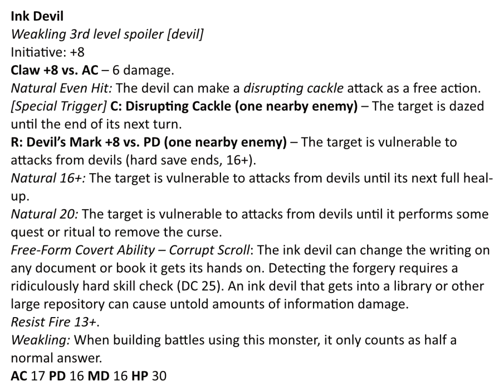 A 13th Age stat block for the ink devil. The text is available below this picture.