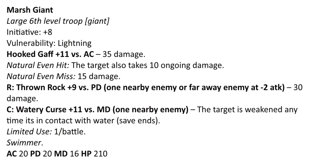 A 13th Age stat block for the marsh giant. The text is available below this picture.