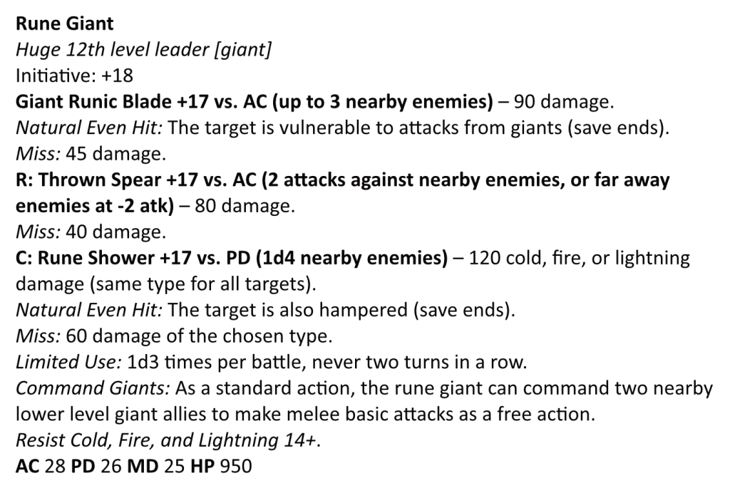 A 13th Age stat block for the rune giant. The text is available below this picture.