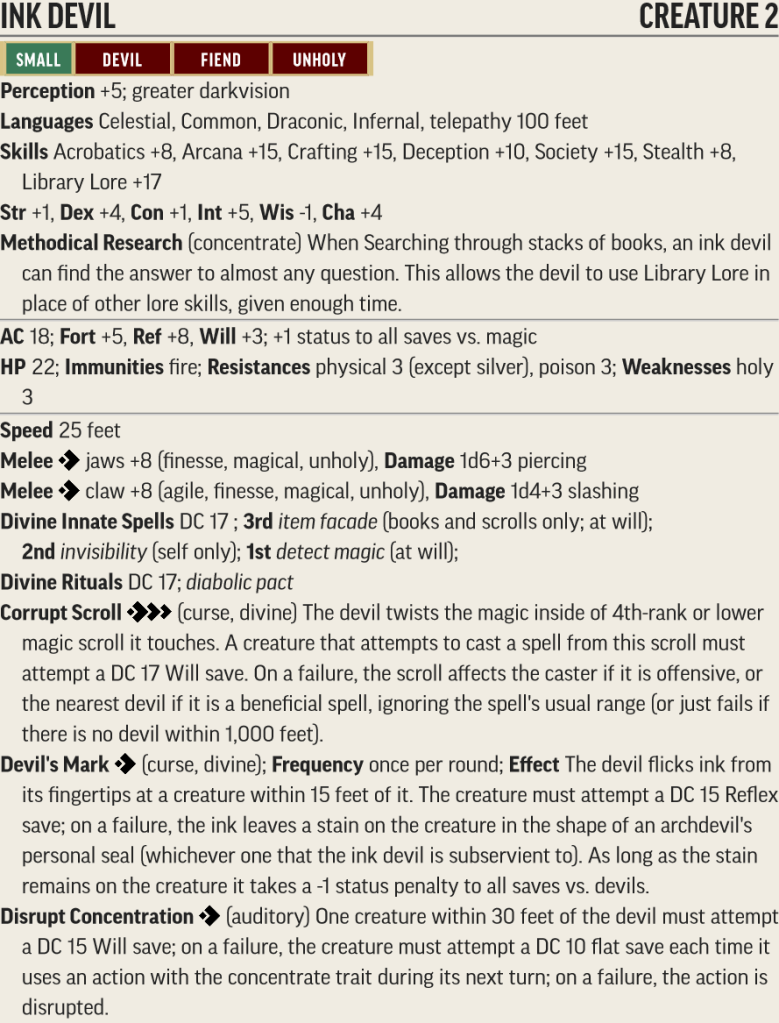 A Pathfinder 2e stat block for the ink devil. The text is available below this picture.
